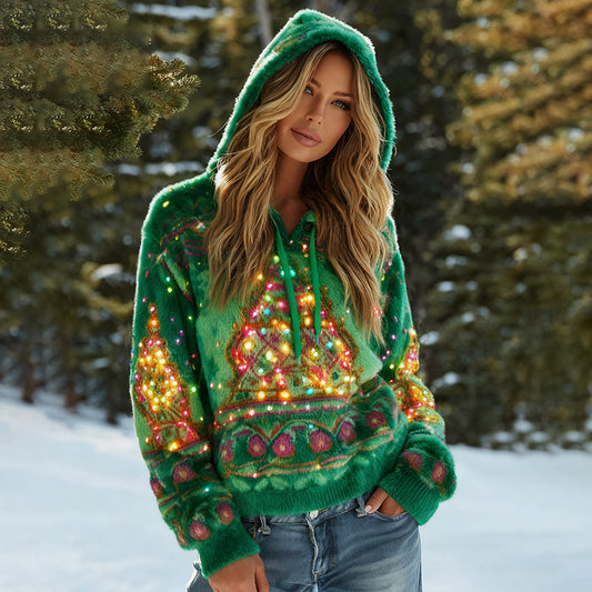 Comstylish Women's Fun Christmas Tree Lights Print Plush Hoodie
