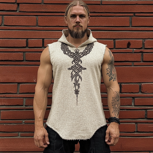 Vintage Viking Rune Linen Hooded Vest artswardrobe