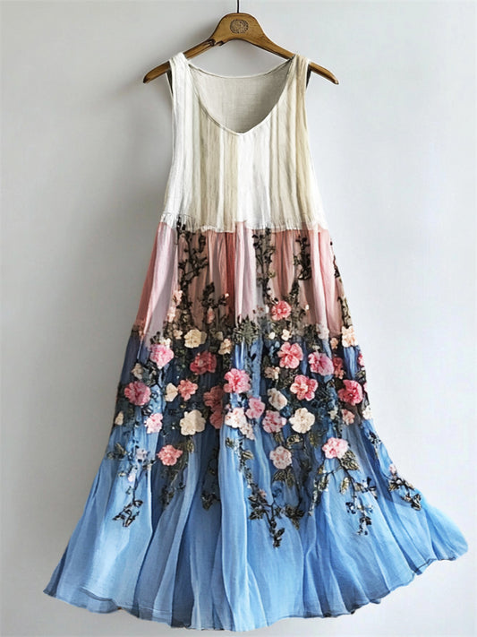 Floral Embroidered Transgender Colorblock Flowy Tank Dress artswardrobe