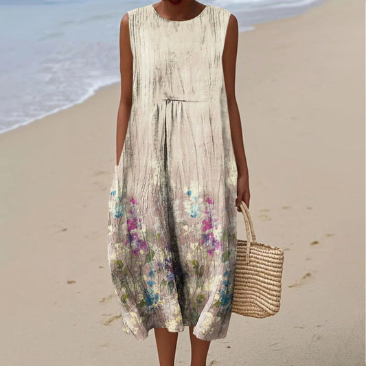 Comstylish Women's Vintage Floral Art Print Sleeveless Midi Dress