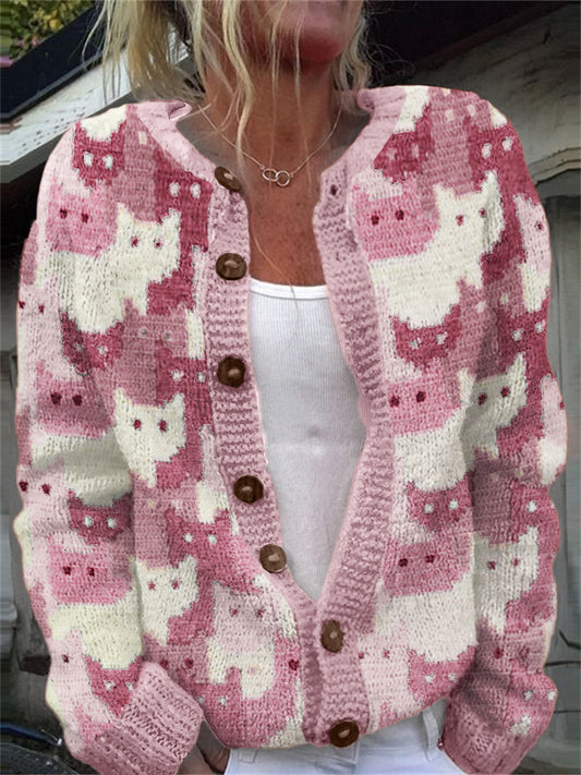 Comstylish Crowded Cats Pink Colorblock Knit Cozy Cardigan