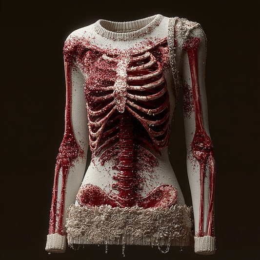 Comstylish Classy Skeleton Bloody Lace Patchwork Round Neck Sweater