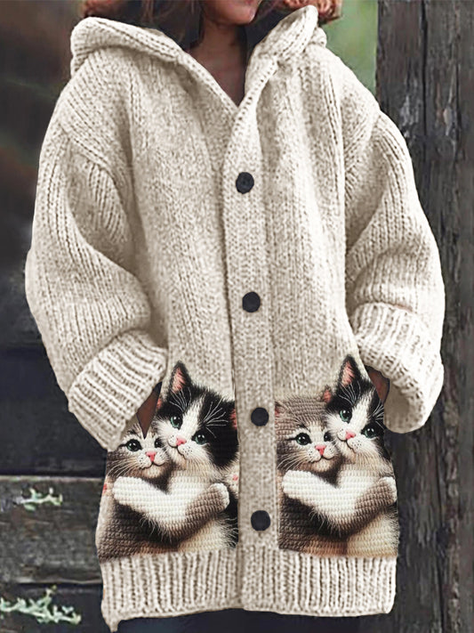 Comstylish Lovely Cats Embrace Crochet Cozy Knit Hooded Cardigan