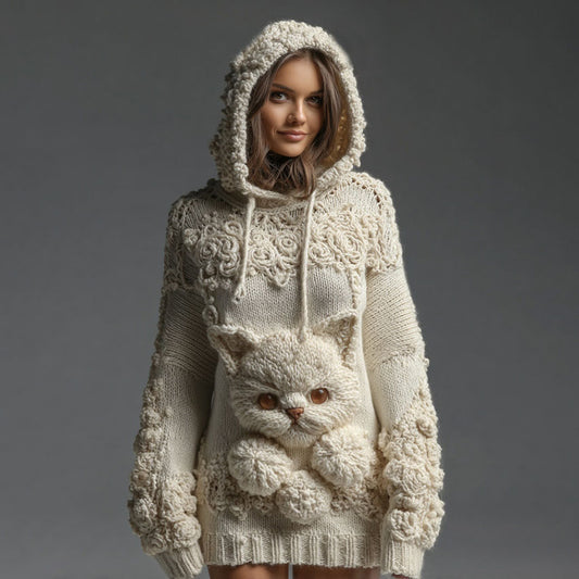 Comstylish Women's Vintage Cute Cat Art Knitted Warm Cazy Hooded Sweater