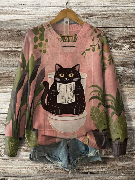 Women's The Black Cat Is Reading On The Toilet Art Print Knit Sweatshirt elevenforest