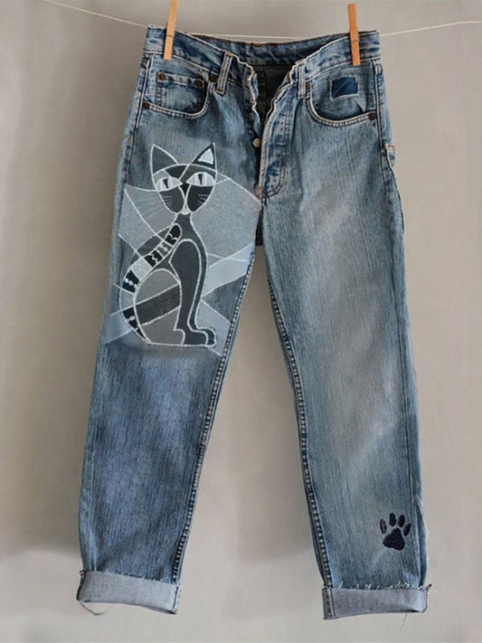 Kitten Geometric Patchwork Washed Jeans elevenforest