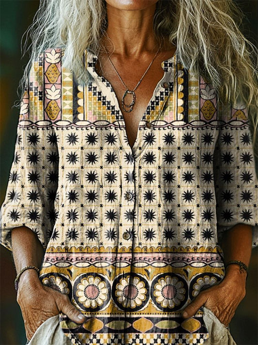 Women's Vintage Ethnic Tattoo Pattern Art Print Linen Cotton Casual Sh