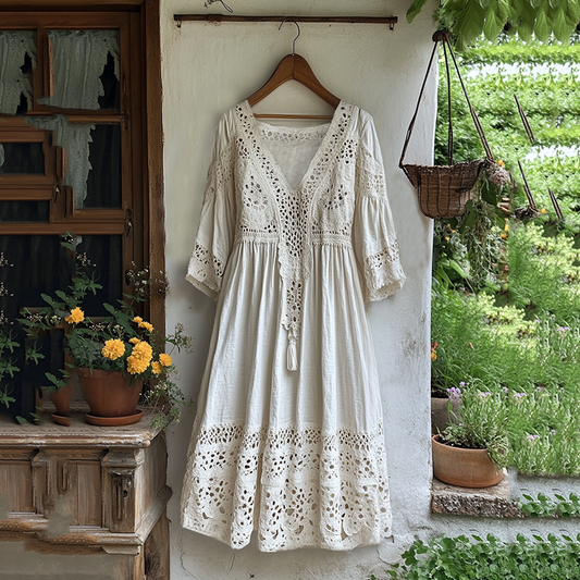 Vintage Lace Art Linen V Neck Maxi Dress artswardrobe