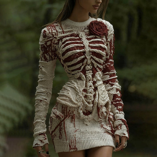 Women's Halloween Muscle Anatomy Bandage With Rose Art Cozy Knit Mini Sweater Dress artswardrobe