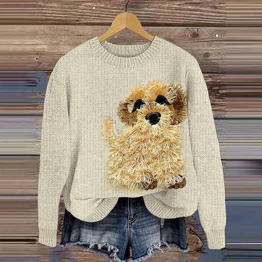 Comstylish Cute Plush Dog Embroidery Knit Cozy Sweater