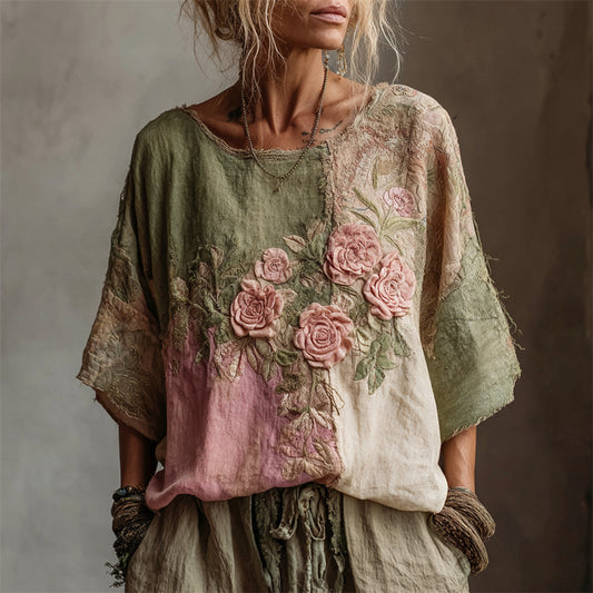 Vintage Pink Roses Embroidered Contrast Patchwork Linen Shirt artswardrobe