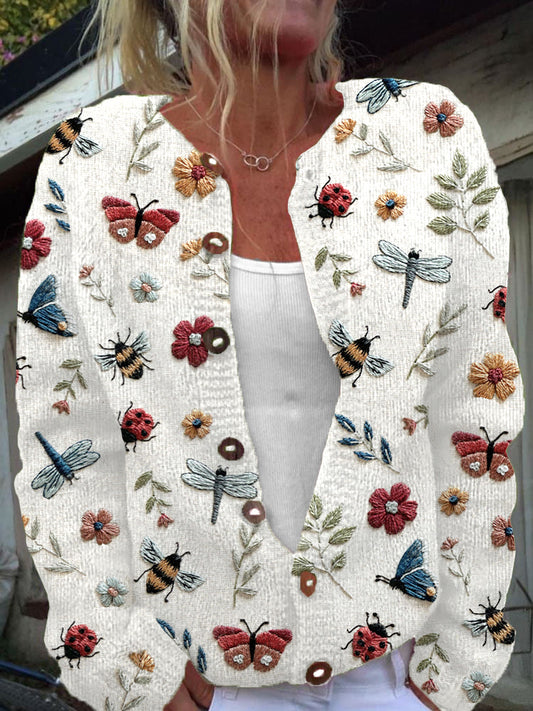Insects Floral Embroidery Pattern Cozy Knit Cardigan artswardrobe