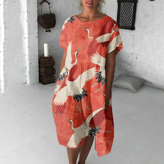 Comstylish Japanese Art Crane Print Short Sleeve Loose Midi Dress
