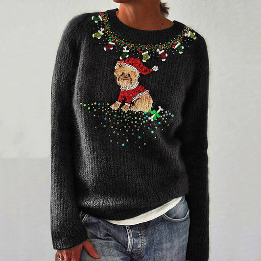 Cute Christmas Puppy Sequin Art Cozy Knit Sweater artswardrobe
