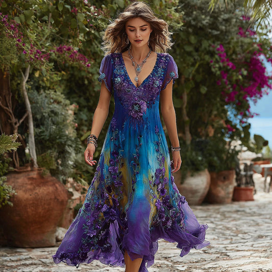 Women's Retro Floral Embroidery Gradient Fashion Casual Dress artswardrobe