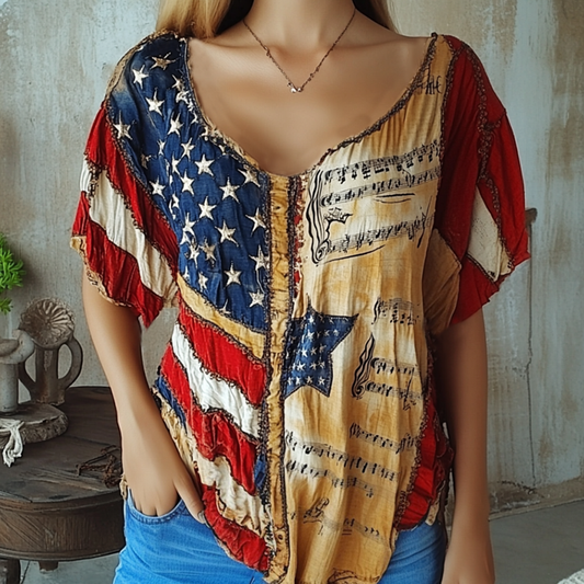 Women's Vintage Independence Day American Flag With Sheet Music Art Short Sleeve V Neck Casual Linen Top artswardrobe
