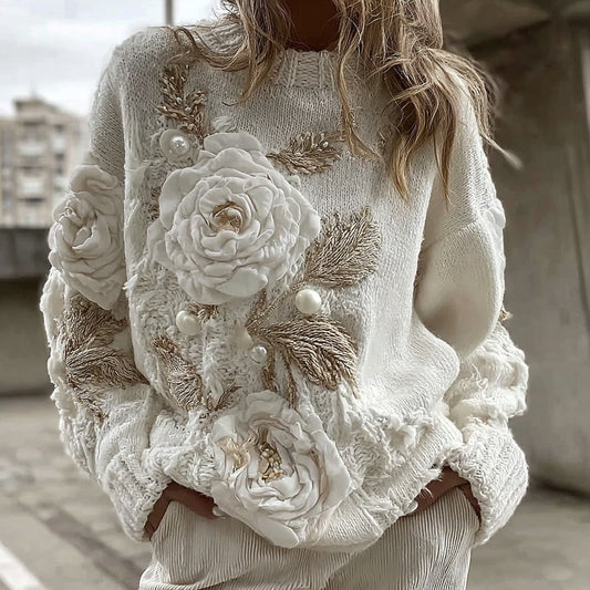 Women's Vintage White Rose Chunky Knit Turtleneck Sweater artswardrobe
