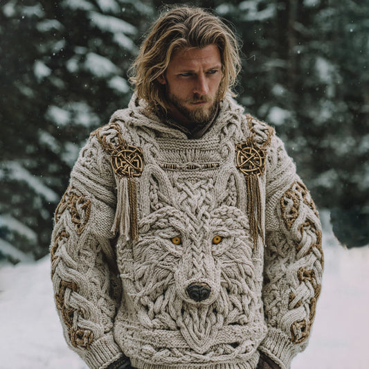 Men's Vintage Viking Wolf Celtic Knot Art Cozy Hooded Sweater artswardrobe