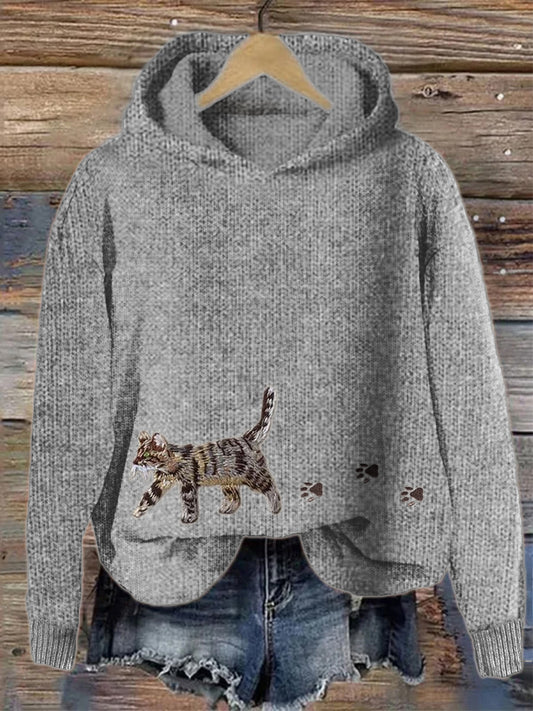 Comstylish Cat & Paw Prints Embroidered Cozy Knit Hooded Sweater