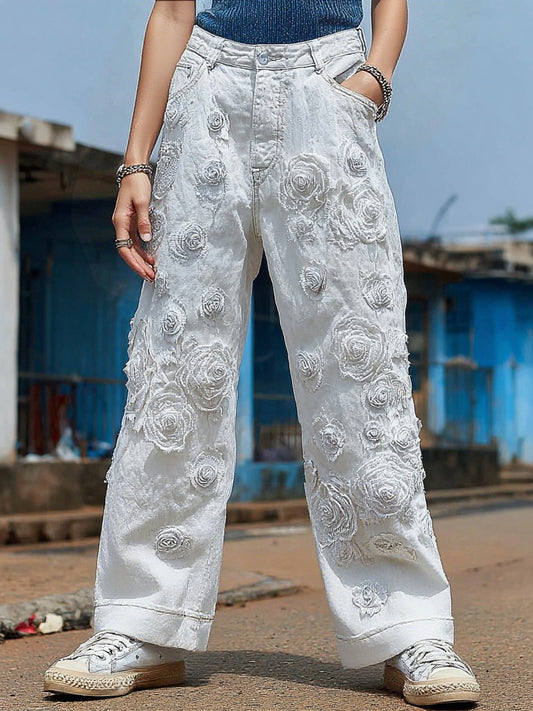 Comstylish Women's Vintage Floral Embroidered Casual Jeans