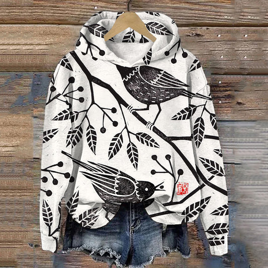 Vintage Birds Lino Art Pattern Comfy Hoodie elevenforest