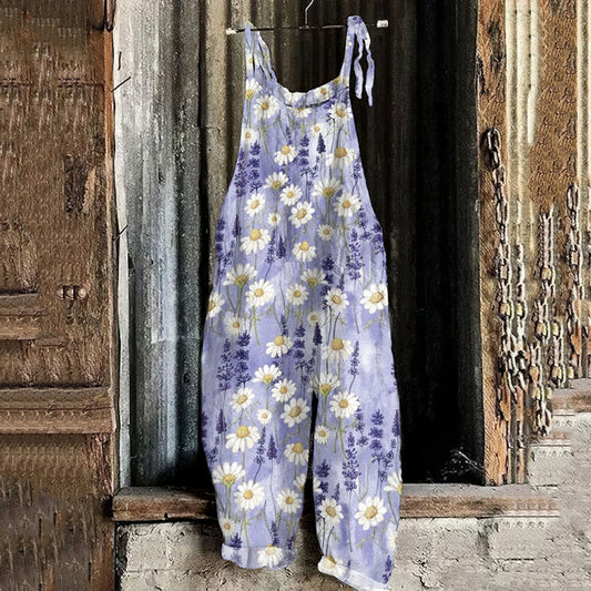 Women's Bohemian Style Daisy And Lavender Floral Linen Print Cotton Linen Jumpsuit artswardrobe