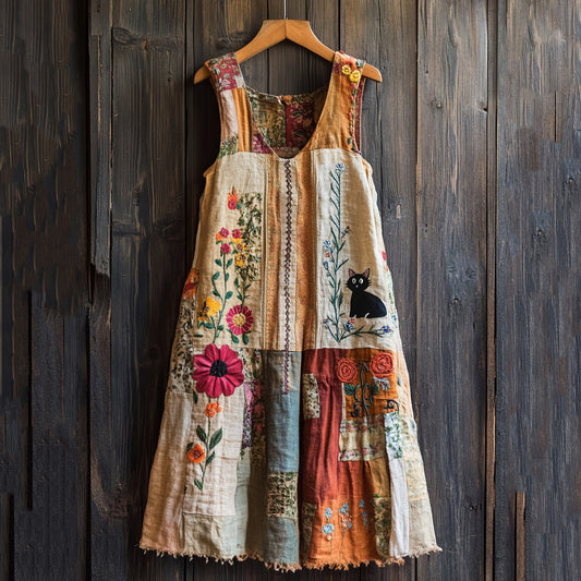 Comstylish Japanese Anime Cute Cat Floral Pattern V-neck Midi Dress