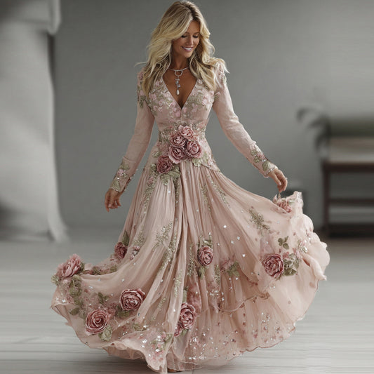 Women's Vintage Boho Floral Lace Sequins Art Flowy Maxi Dress elevenforest