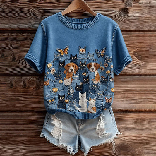 Comstylish Women's Dogs Art Cozy Short Sleeve Knit Sweater