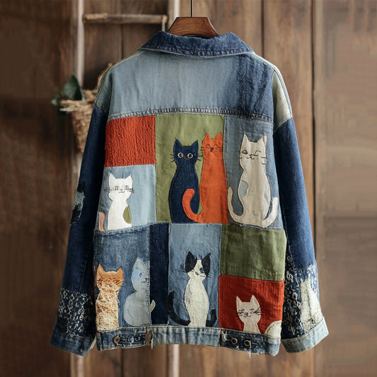 Comstylish Women's Cute Patchwork Cat Print Denim Jacket