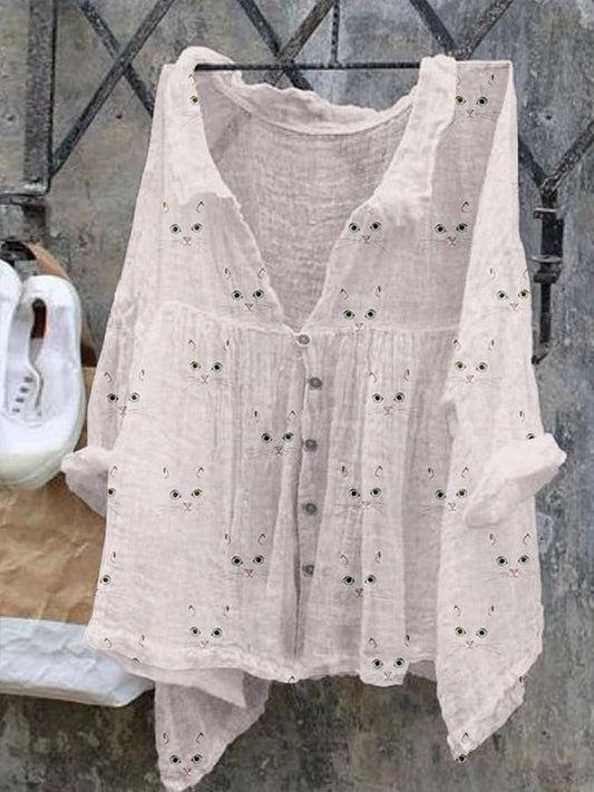 Women's Cute Cat Face Print Shirt