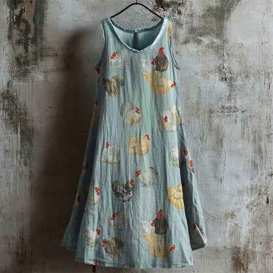 Vintage Farm Chicken Pattern Linen Tank Top artswardrobe
