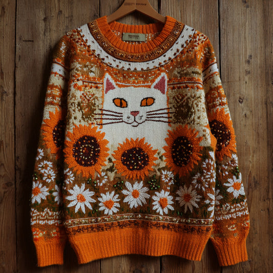 Comstylish Women's Vintage Halloween Sunflower And Cat Embroidered Sweater