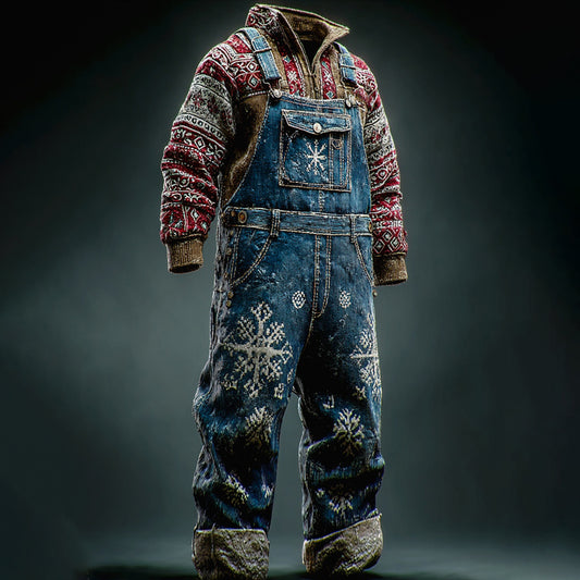 Comstylish Men's Christmas Snowflake Embroidered Denim Jumpsuit