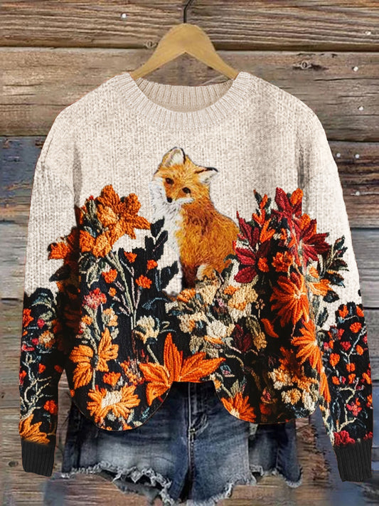 Fox Embroidered Floral Crochet Cozy Knit Sweater artswardrobe