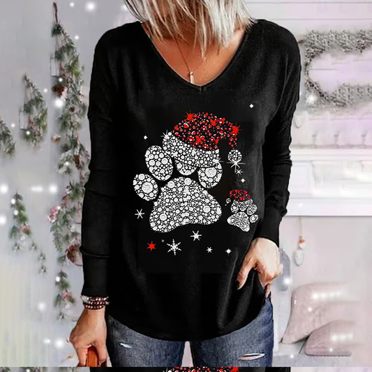 Comstylish Happy Christmas Shiny Christmas Dog Paw Casual V-Neck T-Shirt