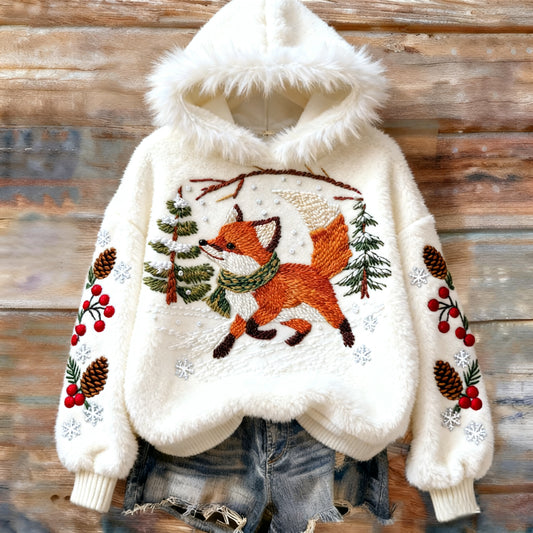 Comstylish Vintage Christmas Winter Fox Art Women's Cozy Plush Sweater Hoodie