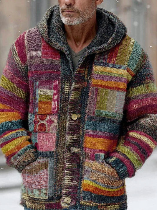 Men's Vintage Colorblock Patchwork Cozy Knit Jacquard Fairman Island Jacquard Thick Warm Hooded Sweater Cardigan elevenforest