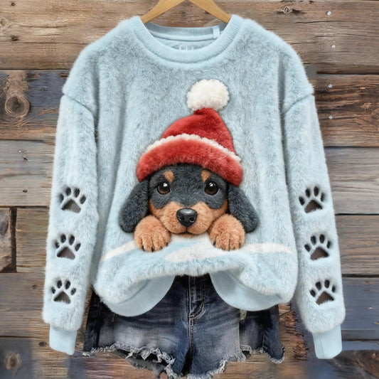 Comstylish Christmas Cute Dog And Paw Art Plush Pattern Sweater