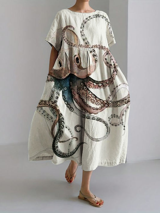 Comstylish Colorful Octopus Watercolor Linen Blend Maxi Dress