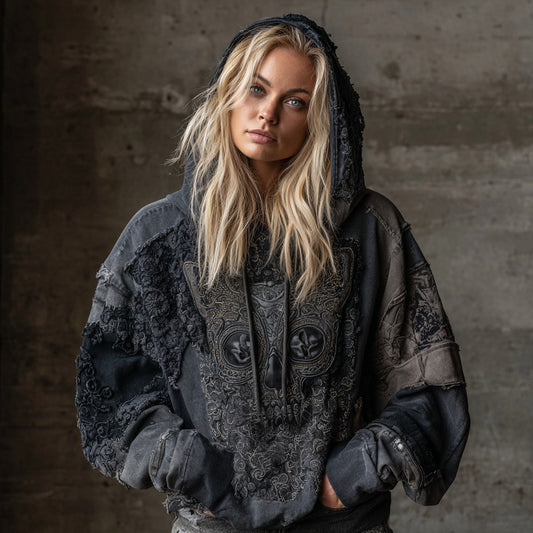 Comstylish Helloween Cat Skull Inspired Bohemian Patchwork Washed Hoodie