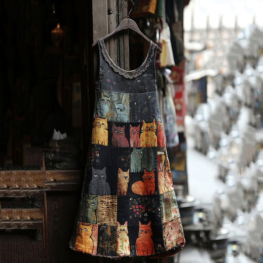 Comstylish Casual Pop Art Patchwork Denim Cat Dress