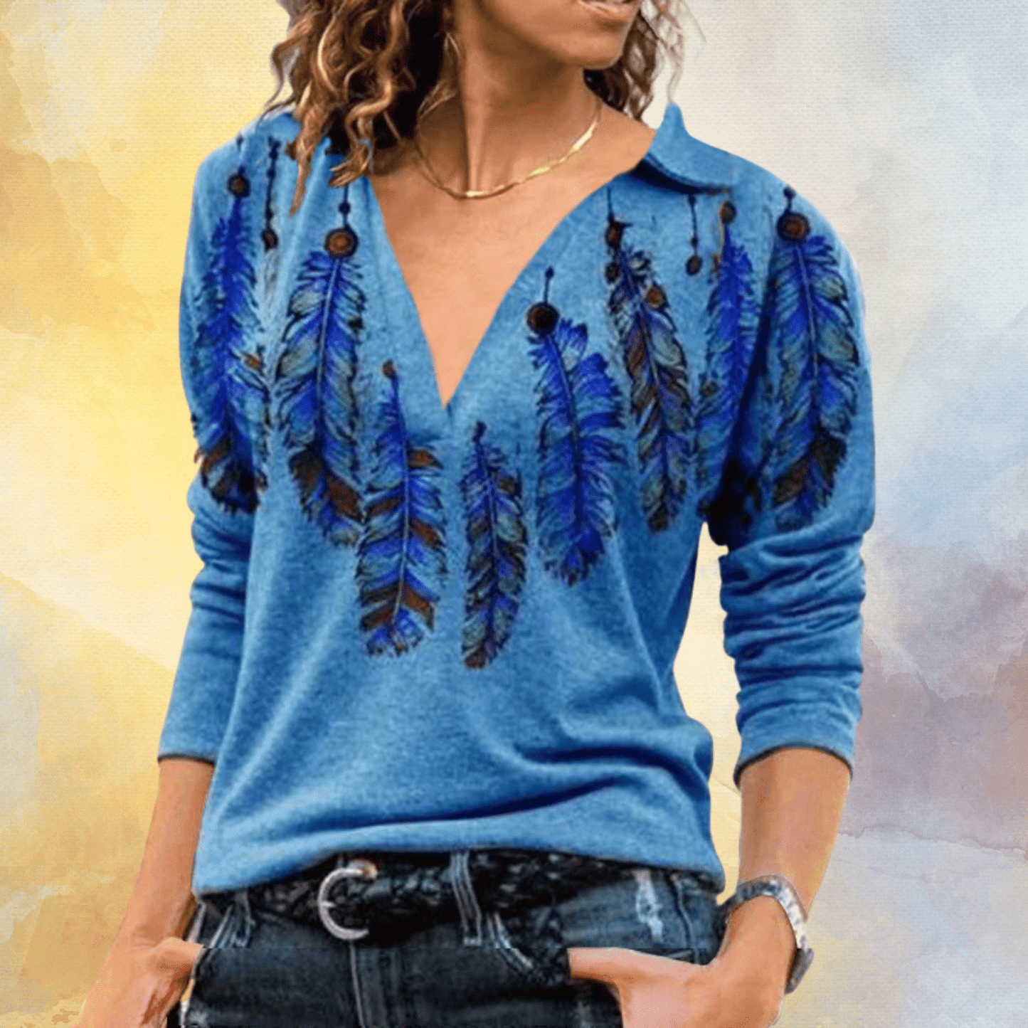 JO | Blue sweater with feather pattern