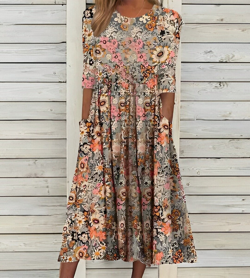 KS | Printed midi dress with round neckline and pockets