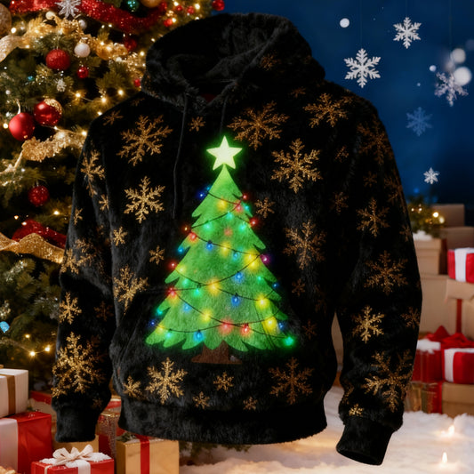Comstylish Christmas Snowflake And Christmas Tree Men's Hooded Flannel Sweatshirt