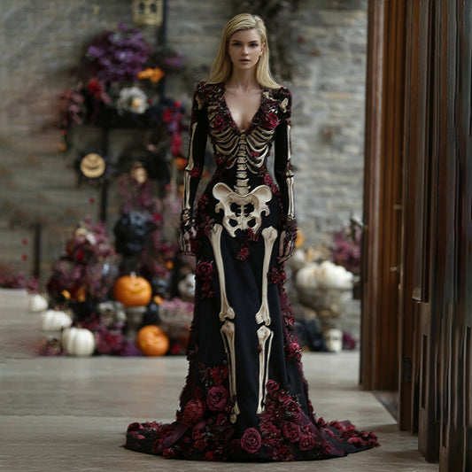 Comstylish Women's Vintage Rose Skull V-neck Long Sleeve Velvet Maxi Dress