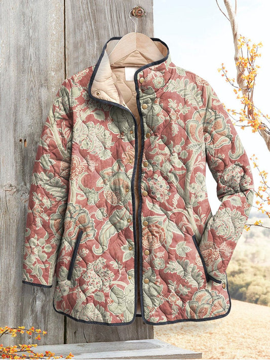 Women's Vintage Floral Art Pattern Print Casual Quilted Cardigan