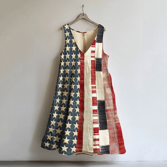 Women's Vintage Independence Day Flag And Floral Print Comfort Dress artswardrobe