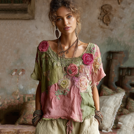 Comstylish Vintage Pink Roses Patchwork Art Linen Tunic
