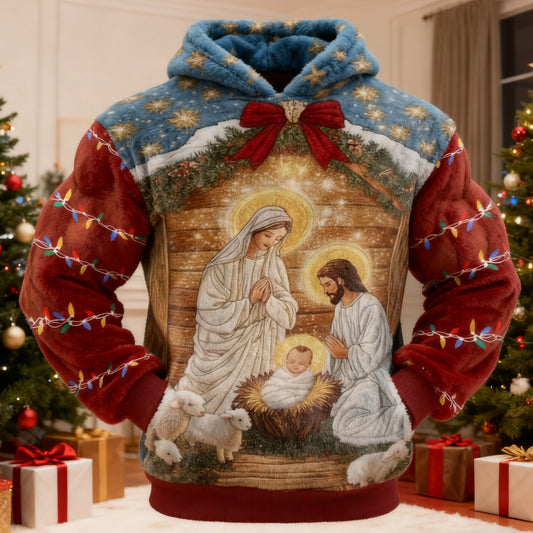 Comstylish Men's Retro Christmas Nativity Pattern Flannel Hoodie